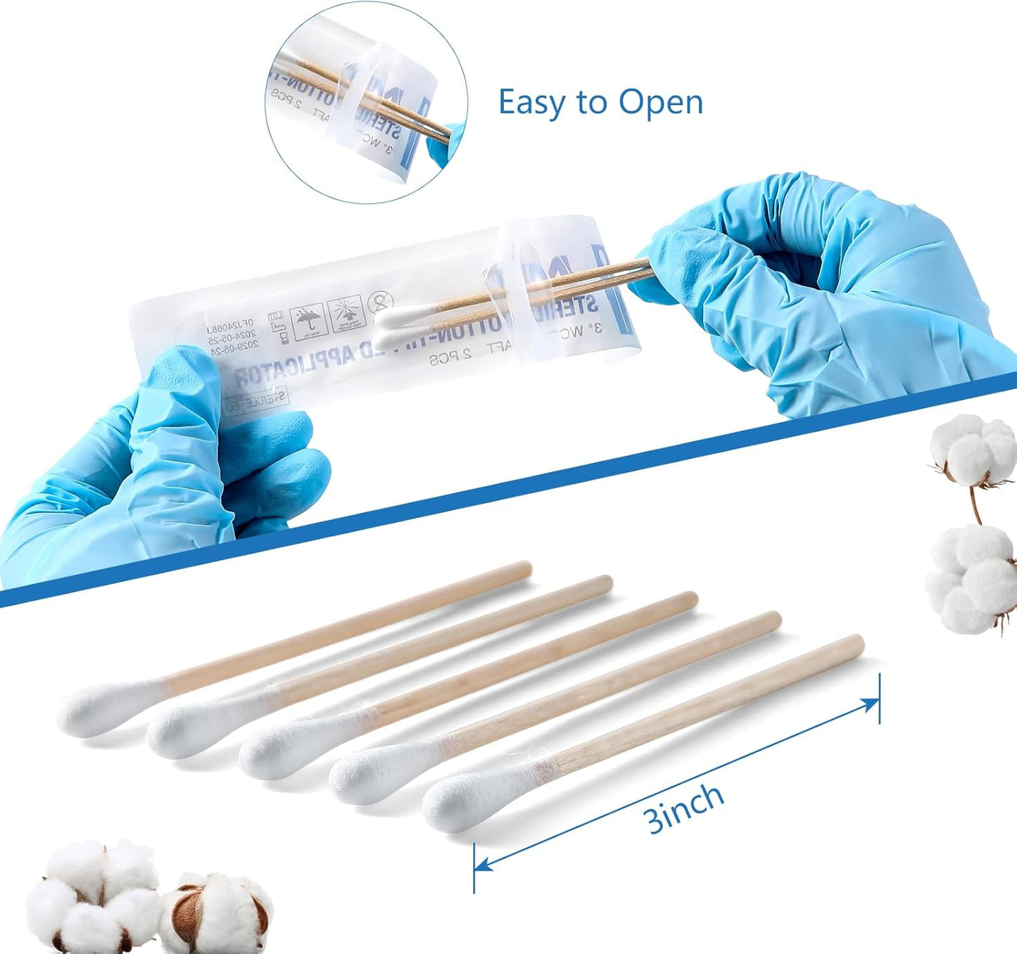 JMU Sterile Cotton Tipped Applicators, 2000 Sterile Cotton Swabs Wood Shaft Medical (10 Box, 3 Inch)