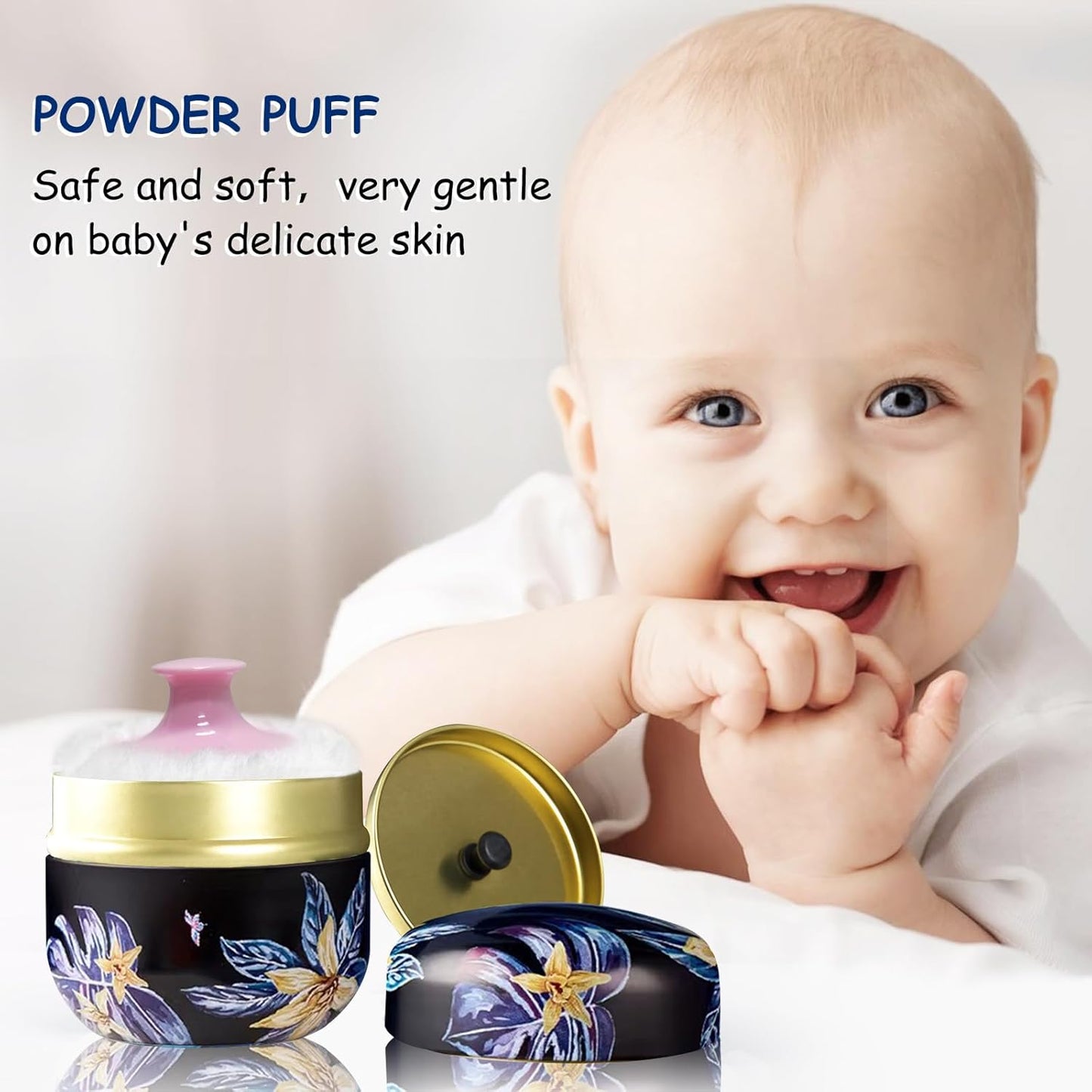 Body Powder Puff and Container for Dusting Powder, Women Powder Puff and Powder Case for Bath and Travel (Procumbens Flowers)