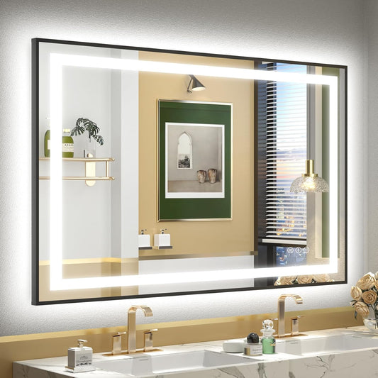 OKPAL 48x36 Black Lighted Bathroom Mirror, LED Bathroom Mirror with Lights, Anti-Fog Lighted Vanity Mirror, Dimmable, Shatterproof, Memory, 3 Colors, ETL Listed (Front Light and Backlit)