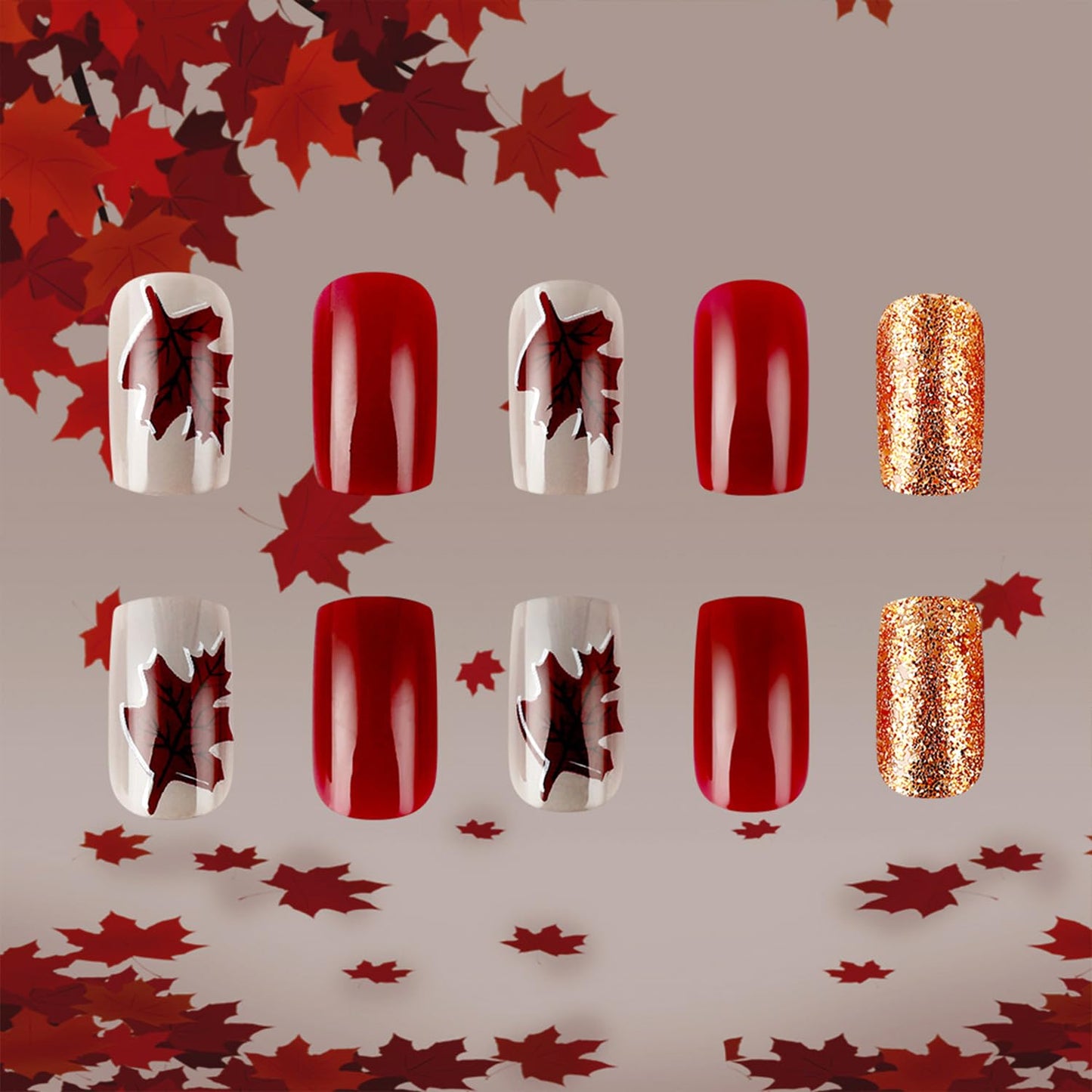 Vintage Maple Leaf Press on Nails Medium Square Fall Fake Nails Thanksgiving Maple Leaves Glue on Nail Glossy Autumn Gold Glitter Acrylic Stick on Nail for Women DIY Manicure