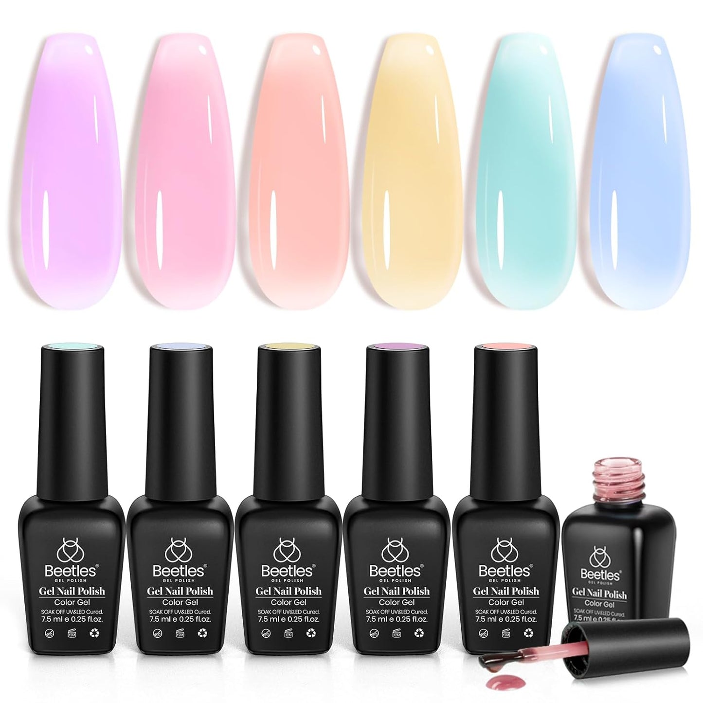 Beetles Pastel Gel Nail Polish Set, 6 Colors Jelly Gel Polish Kit Pink Blue Purple Orange Yellow Green Translucent Effect Soak Off UV Candy Sweet Collection French Nail Gift for Women
