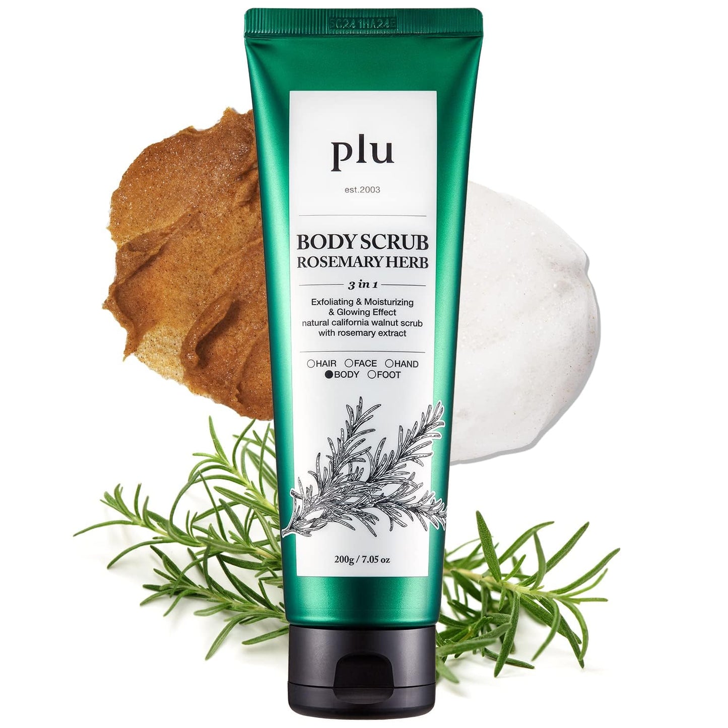 PLU Original Korean Walnut Body Scrub Polish - Rosemary Herb - Exfoliating & Moisturizing & Glow - for Acne, Cellulite, Stretch Marks, Spider Veins - Fresh Chamomile & Rosemary Scent, 6.76 oz.