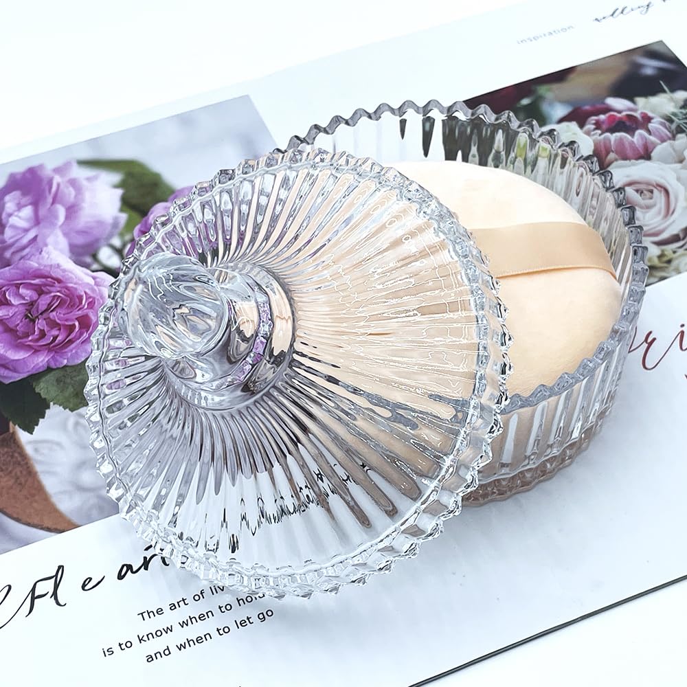 2 Pack Extra Large 5.2" Beige Powder Puffs and 5.3" Glass Container – Oversized Soft Body & Face Large Powder Puff Dusting Powder Jar Holder Case(Clear Glass)