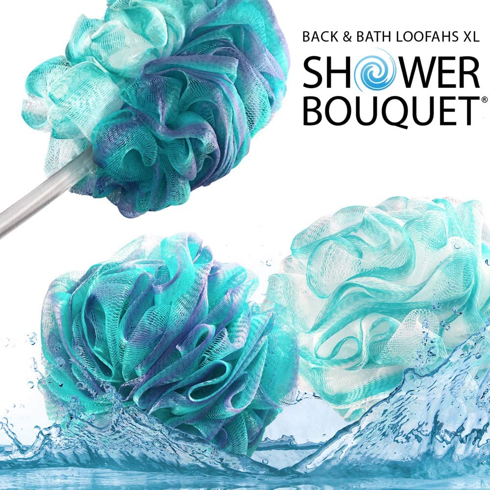 SHOWER BOUQUET 2-Sided-Loofah-Back-Scrubber & Bath-Sponge Set // 1-Long-Handle-Back-Brush Plus 2-Extra-Large 75g Soft Mesh Poufs, Men & Women - Exfoliate with Full Pure Cleanse in Bathing Accessories