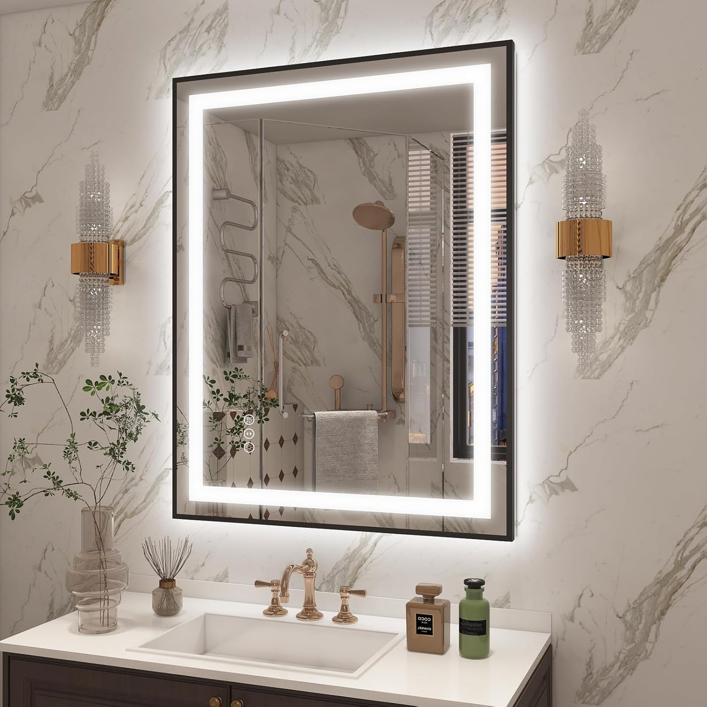 OKPAL 28x32 LED Bathroom Mirror with Lights, Black Lighted Mirrors for Bathroom Wall, Front and Backlit, Anti-Fog, Dimmable, Shatterproof, 3 Colors, Memory, Horizontal/Vertical