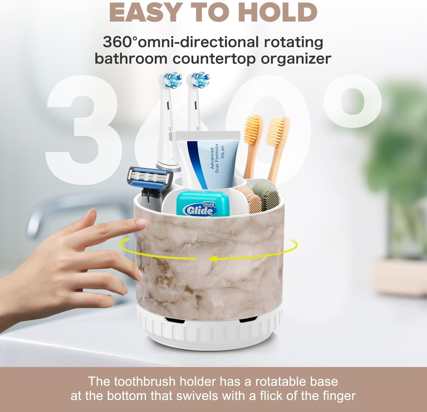 Marble Toothbrush Holders - 360° Rotating Detachable 6 Slots Kids Electric Toothbrush and Toothpaste Holde for Bathroom Accessories Organization Countertop Vanity Sink Storage