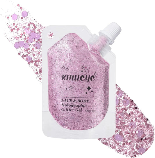 Holographic Face Glitter Gel Body Shimmer Makeup for for Hair, Face, Clavicle, Arm, Nail, Eyeshadow, Long Lasting Waterproof Mermaid Sequins Party Glitter for Rave Festival, 1.35oz (Metallic Pink #12)