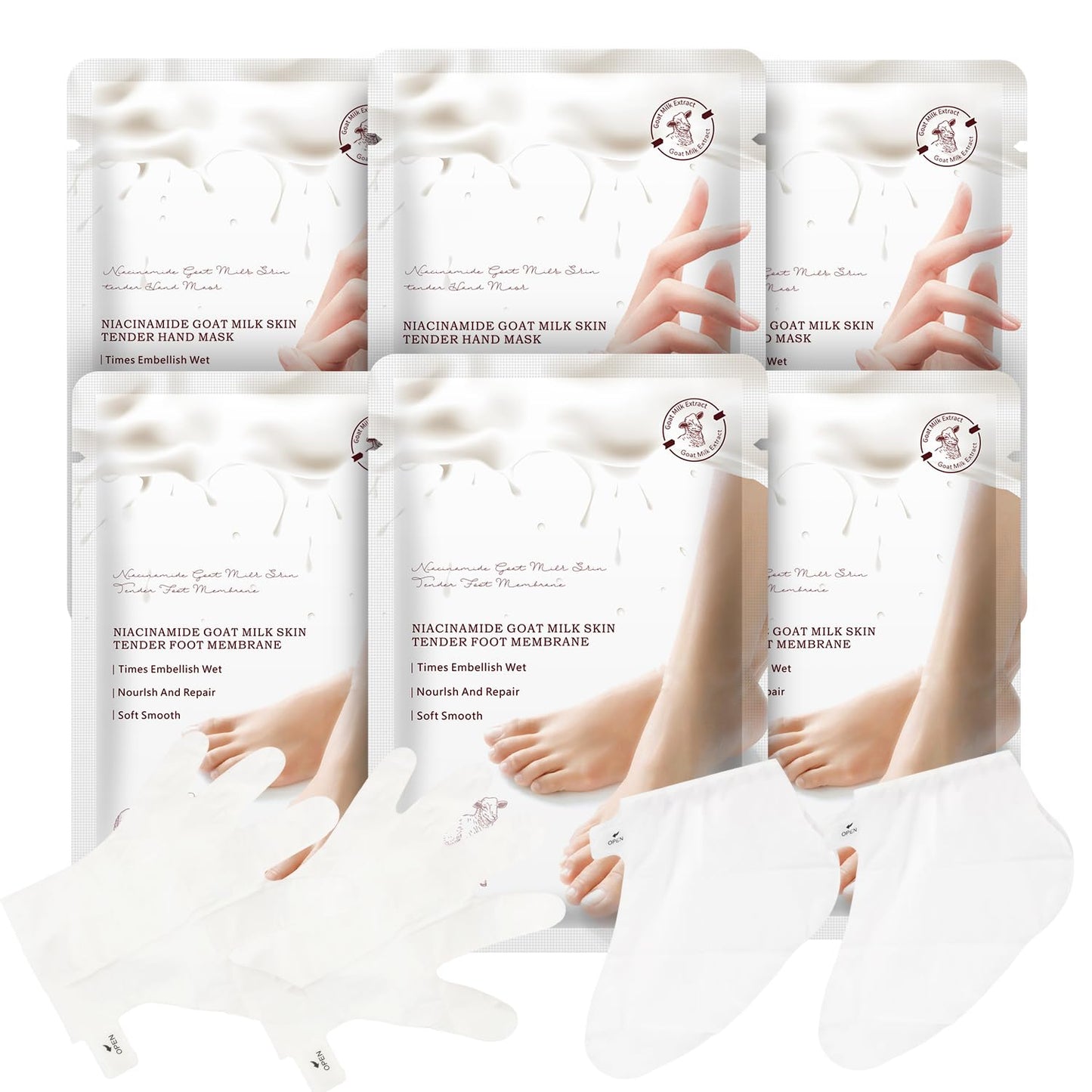 Hydrating Hand Foot Masks Set for Women Men,3 Pack Glove Mask for Dry Hand & 3 Pack Socks Mask for Dry Cracked Feet（Milk）