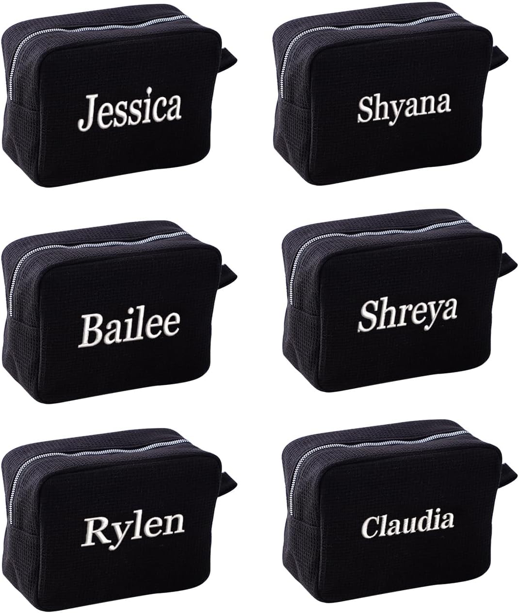 GOPHIE Personalized Embroidered Makeup Bag,Custom Waffle Fabric Cosmetic Pouch for Women, Travel Makeup Pouch (6, Black)