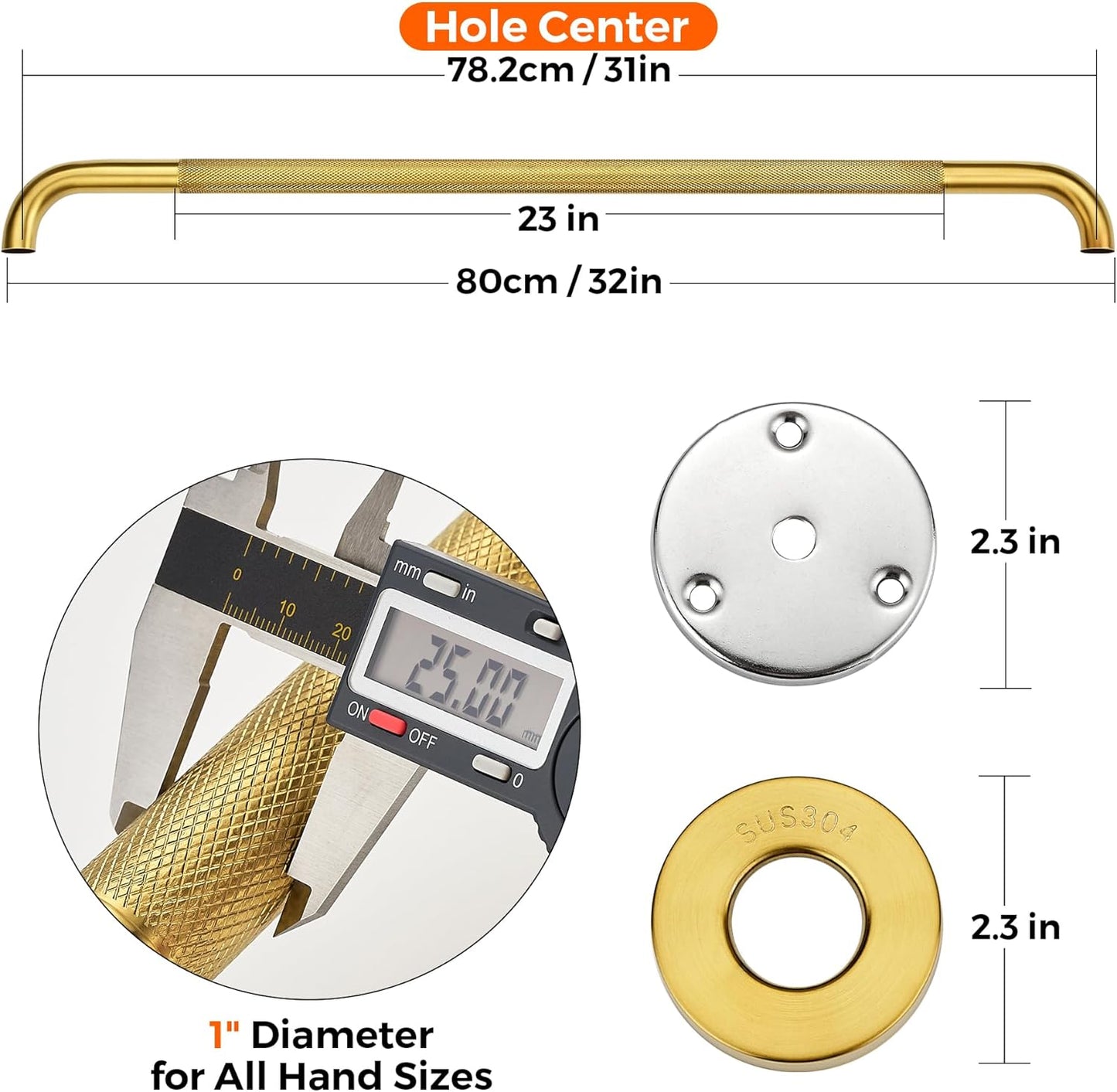 Grab Bars for Shower, 2 Pack 32-Inch Anti Slip Shower Handles for Elderly, Safety Shower Grab Bar, Stainless Steel Handicap Grab Bars for Bathroom,Toilet (Gold, 1" Diameter)