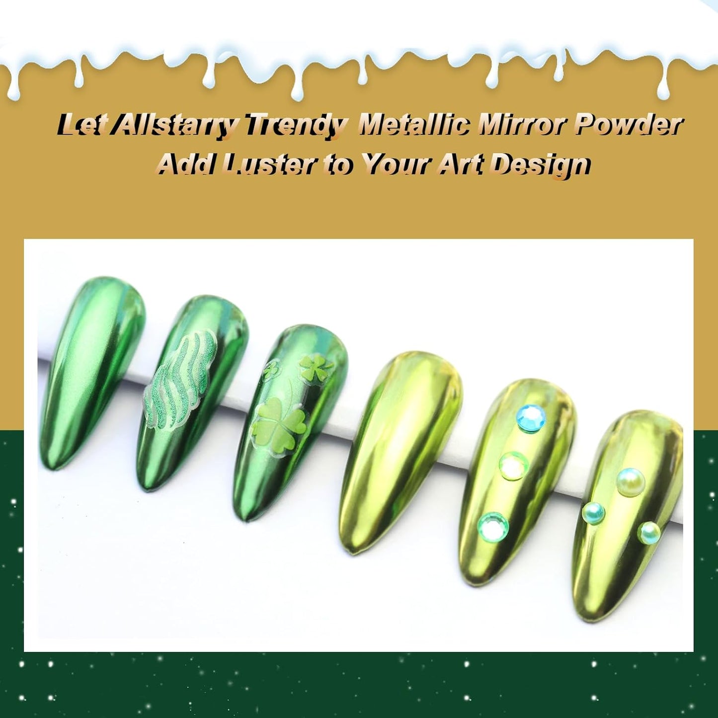 Allstarry Green Chrome Nail Powder, 2 Colors Metallic Effect Mirror Chrome Powder Pigment Manicure Glitter Kit for Gel Polish St Patricks Day Nail Art St Patty's Day Accessories - Wheat Field Green