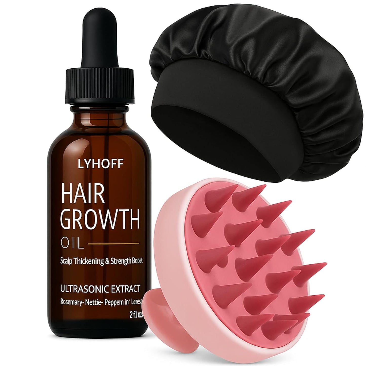 Hair Growth Oil with Ultrasonic Micronized Rosemary, Nettle & Jojoba Oil – Deep Absorption Treatment for Hair Regrowth & Thinning Hair – Vegan, Chemical-Free – Bonnet & Massager Included – 2oz