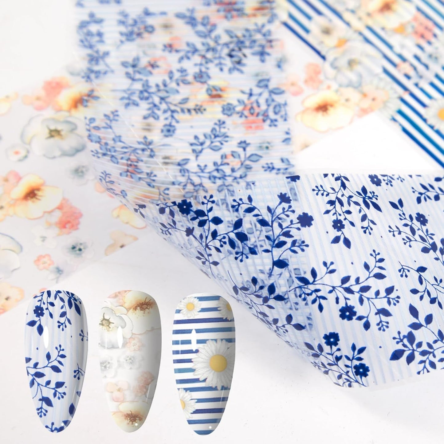 WOKOTO 300 Sheets Nail Foils Transfer Nail Art Holographic Flower Rose Solid Nail Art Foil Sheets, 1 Set for All Various Designs Nail Transfer Foil for Women Girls Nails