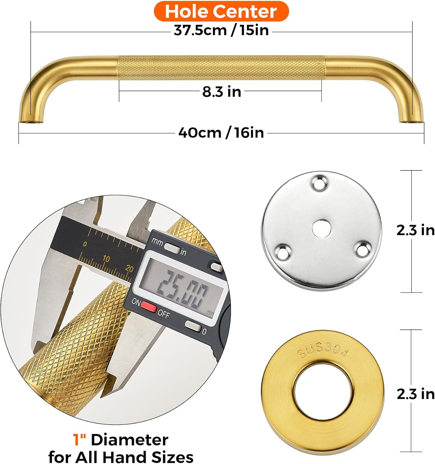 Grab Bars for Shower, 2 Pack 16-Inch Anti Slip Shower Handles for Elderly, Safety Shower Grab Bar, Stainless Steel Handicap Grab Bars for Bathroom,Toilet (Gold, 1" Diameter)