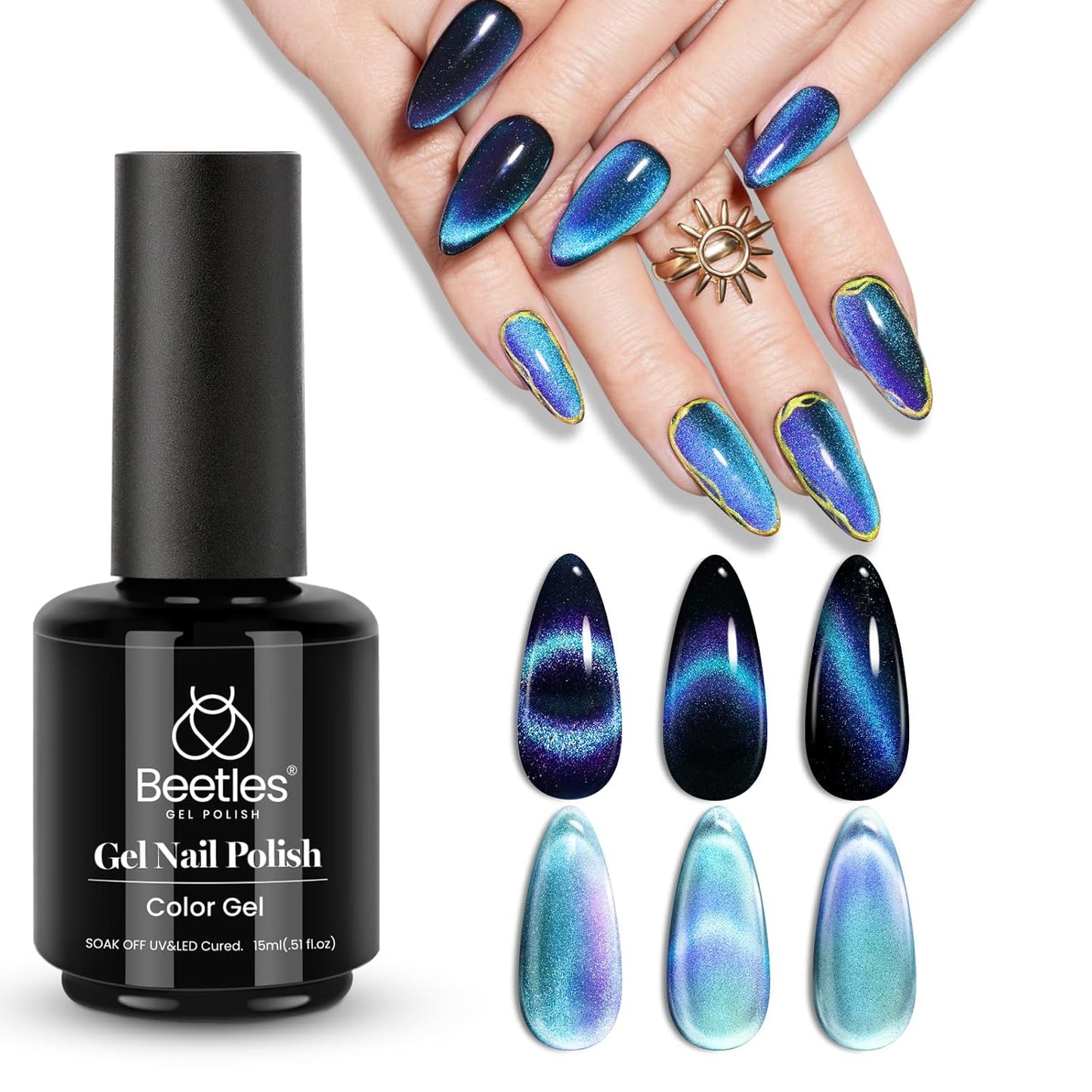 Beetles Blue Cat Eye Gel Nail Polish - 15ML Glitter Blue Chameleon Sparkle Holographic Nail Polish with Magnet Translucent Mystical Aura Gel Soak Off UV LED Nail Lamp Nail Art Manicure Salon DIY Home