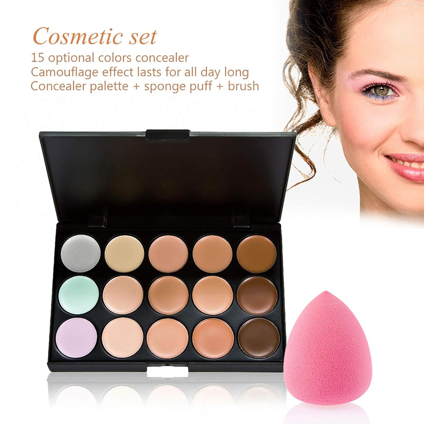 Concealer Palette, 15 Colors Makeup Palette Facial Camouflage Contour Palette with Sponge Puff Oval & Makeup Brush Beauty Make up Cream