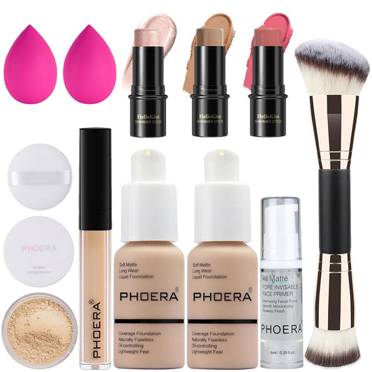 PHOERA Foundation,3 PCS Contour Stick Makeup Kit, Shades with Highlighter Stick, Blush Stick and Bronzer Contour Stick for Sculpt the Cheeks (102+Fair-Light Contour/Nude+#03,#09,#12)
