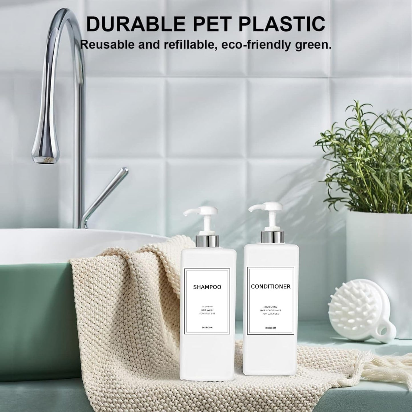 Modern Silver Shampoo and Conditioner Dispenser (21 oz, Pack of 3) Refillable Pump Bottle Set Empty Shower Plastic Bottles with Pump for Bathroom Body Wash Soap and Shower