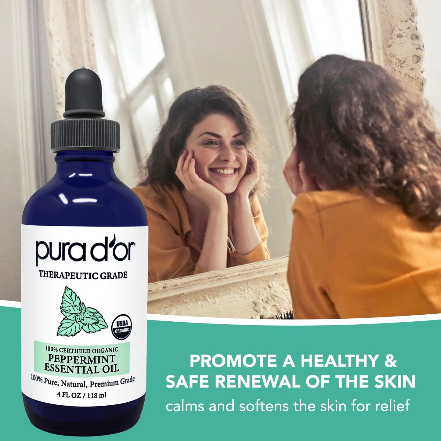 PURA D'OR Organic Peppermint Essential Oil (4oz with Glass Dropper) 100% Pure & Natural Therapeutic Grade - Hair, Body, Skin, Aromatherapy Diffuser, Massage, Refreshens, Energy, Mood, Home, DIY Soap