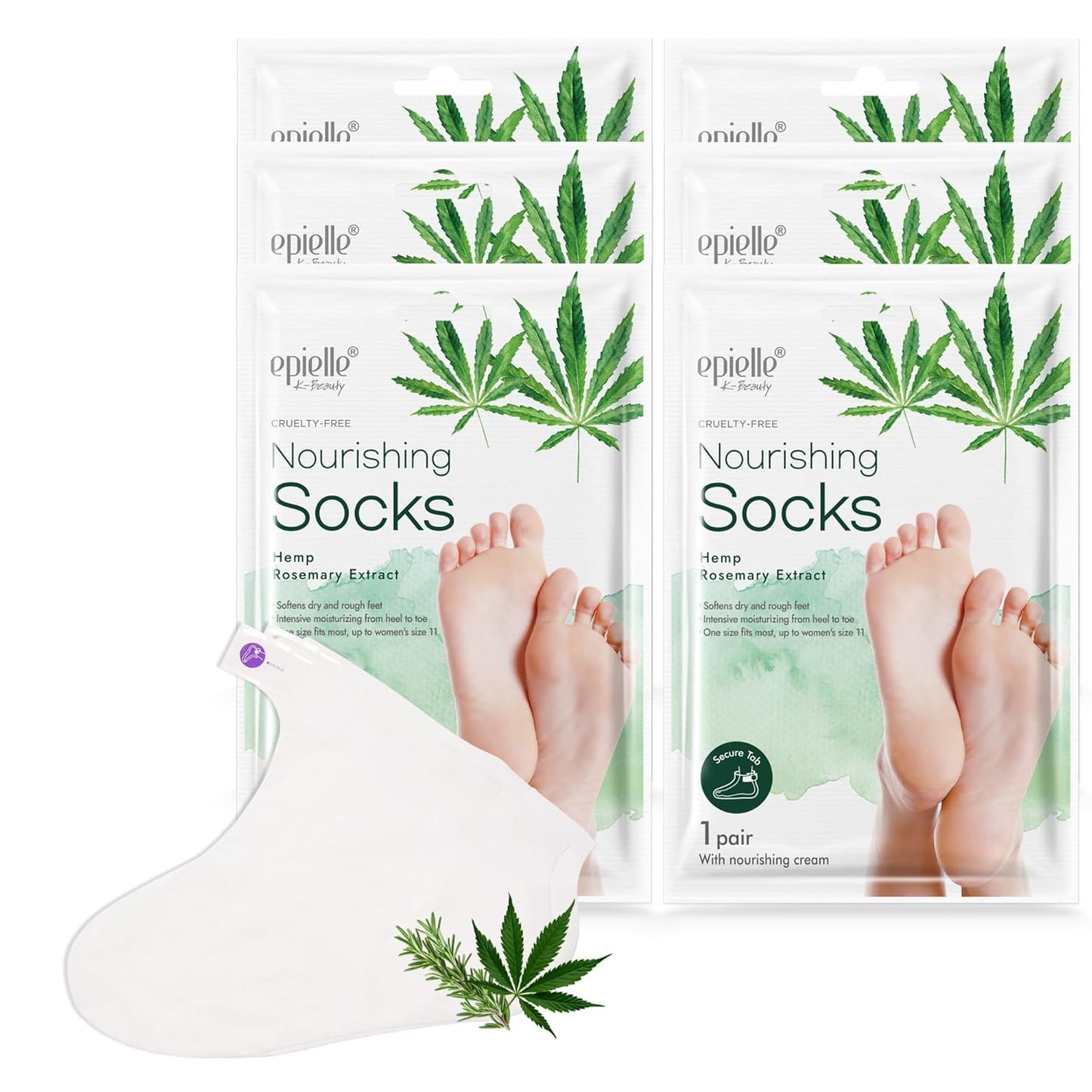 Epielle Nourishing Foot Masks 6 Pairs, Deep Moisturizing Socks for Dry Feet & Cracked Heels, Repair and Nourish with Hemp & Rosemary Extract, Foot Spa & Self Care Gifts for Women, Korean Skin Care