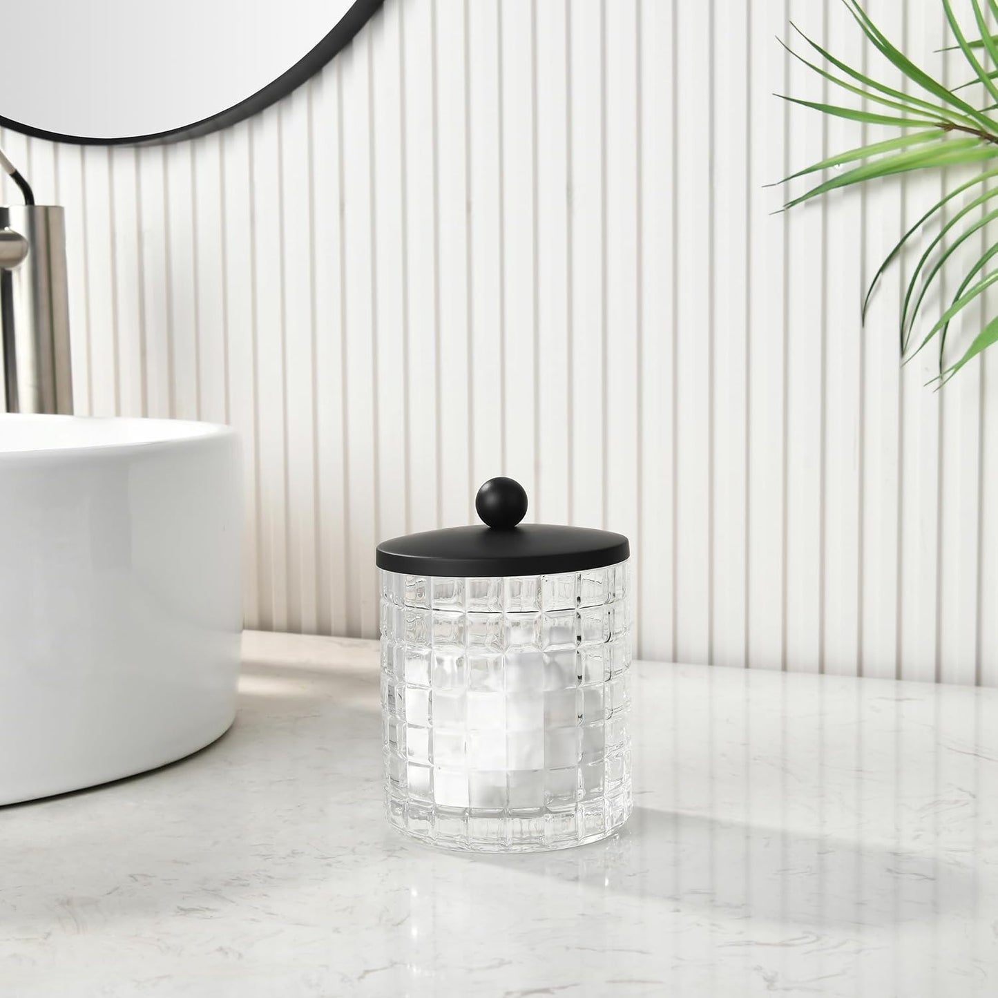 Glass Cotton Jar Holder Matte Black Lid, Elegant Bathroom Storage Canister for Qtips, Cotton Balls, Floss, Makeup Organizer, Vanity Bathroom Organization