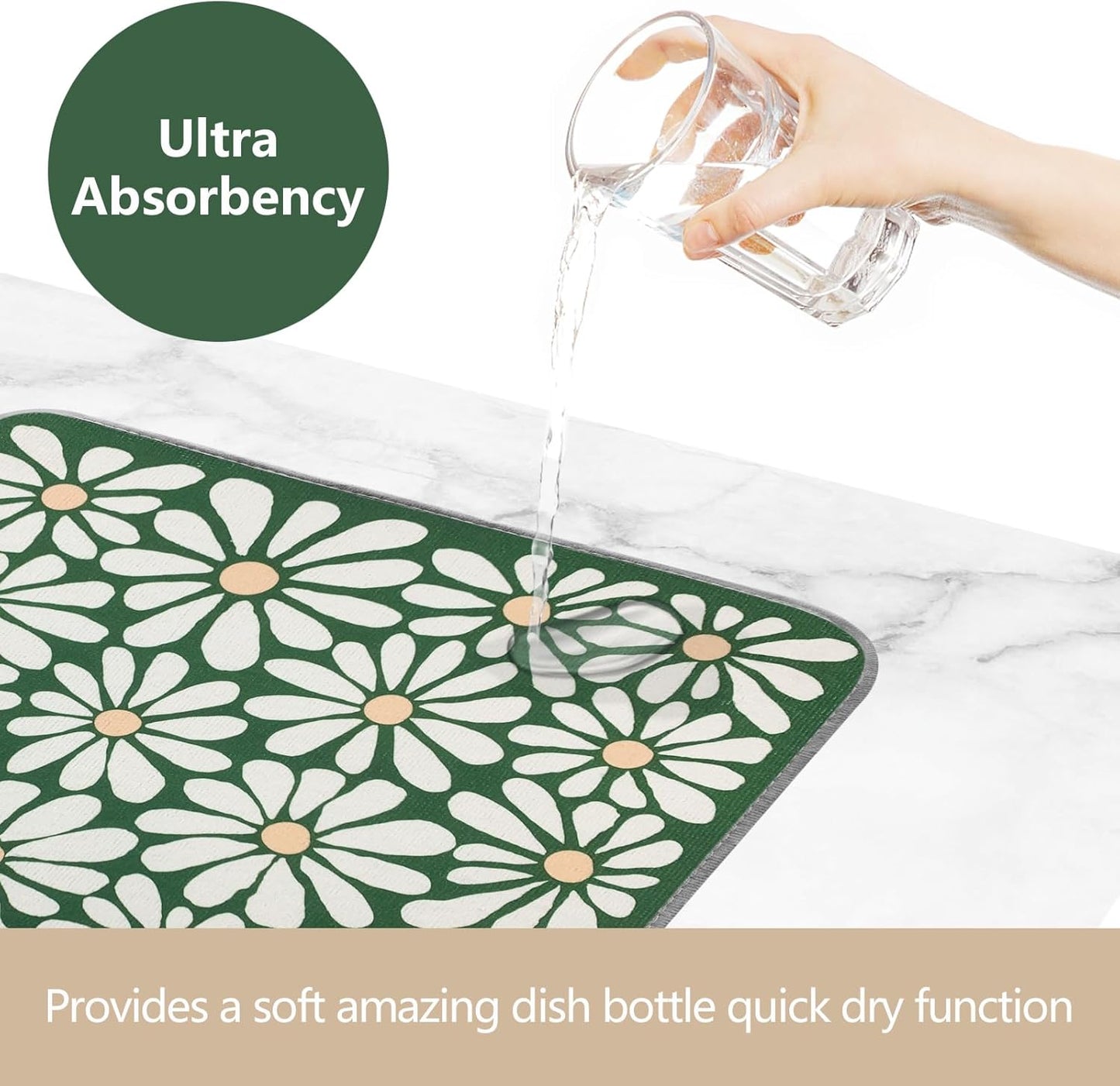 SHIYUE Dish Drying Mat for Kitchen Counter Super Absorbent Spring Kitchen Decor Microfiber Drying Matainers Rack Fast Pad Dish Drainer Mats(Green Flower,18''x24'')