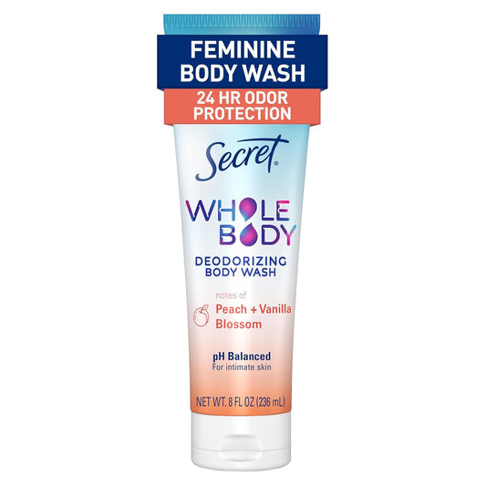 Secret Feminine Wash, 24 HR Deodorizing Feminine Body Wash for Women, Removes 6x Causes of Odor, PH Balanced, Safe to Use Everywhere, Peach & Vanilla Blossom Scent, 8.0 oz