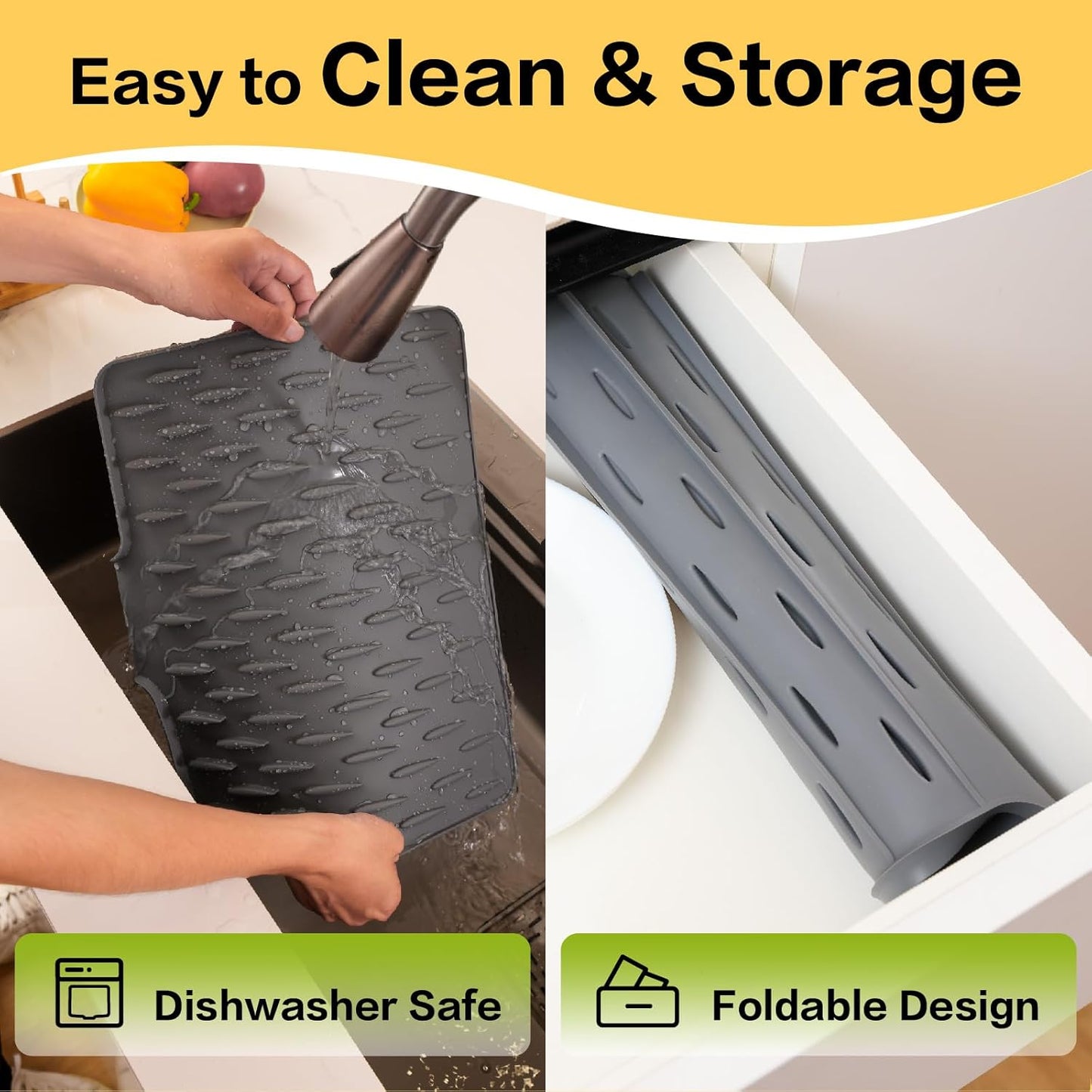 CHIKILLA Silicone Dish Drying Mat for Kitchen Counter, Fast Drainage Design for Vegetables Fruits, Heat Resistant, Non-Slip , Dishwasher Safe – 15.7x13 inch Silk Gray