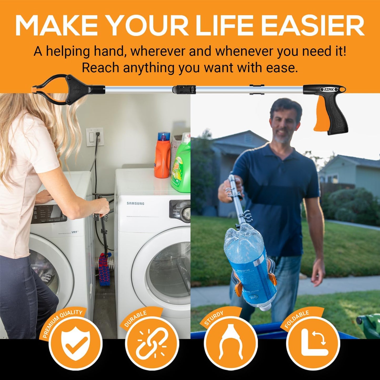 EZPIK® Grip Aid Tool Grabber Reacher + Magnets - Grabbers for Seniors, Trash Picker Upper Grabber - Trash Grabber Tool- Reacher Grabber Pickup Tool (Silver, 26" (Pack of 2))