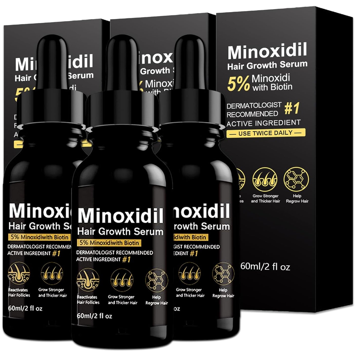 5% Minoxidil for Men and Women Hair Growth Treatment,Topical Minoxidil for Beard Growth, Hair Regrowth Serum for Scalp Hair Loss and Thinning, with Biotin (2 Fl Oz (Pack