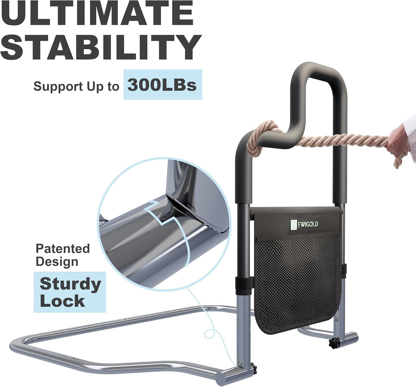 Dual-Bar Bed Rails for Elderly Adults Safety - Bed Rails with Height-Adjustable Handle - Bed Assist Rail with Storage Pocket - No Installation at All - Fit King, Queen, Full, Twin