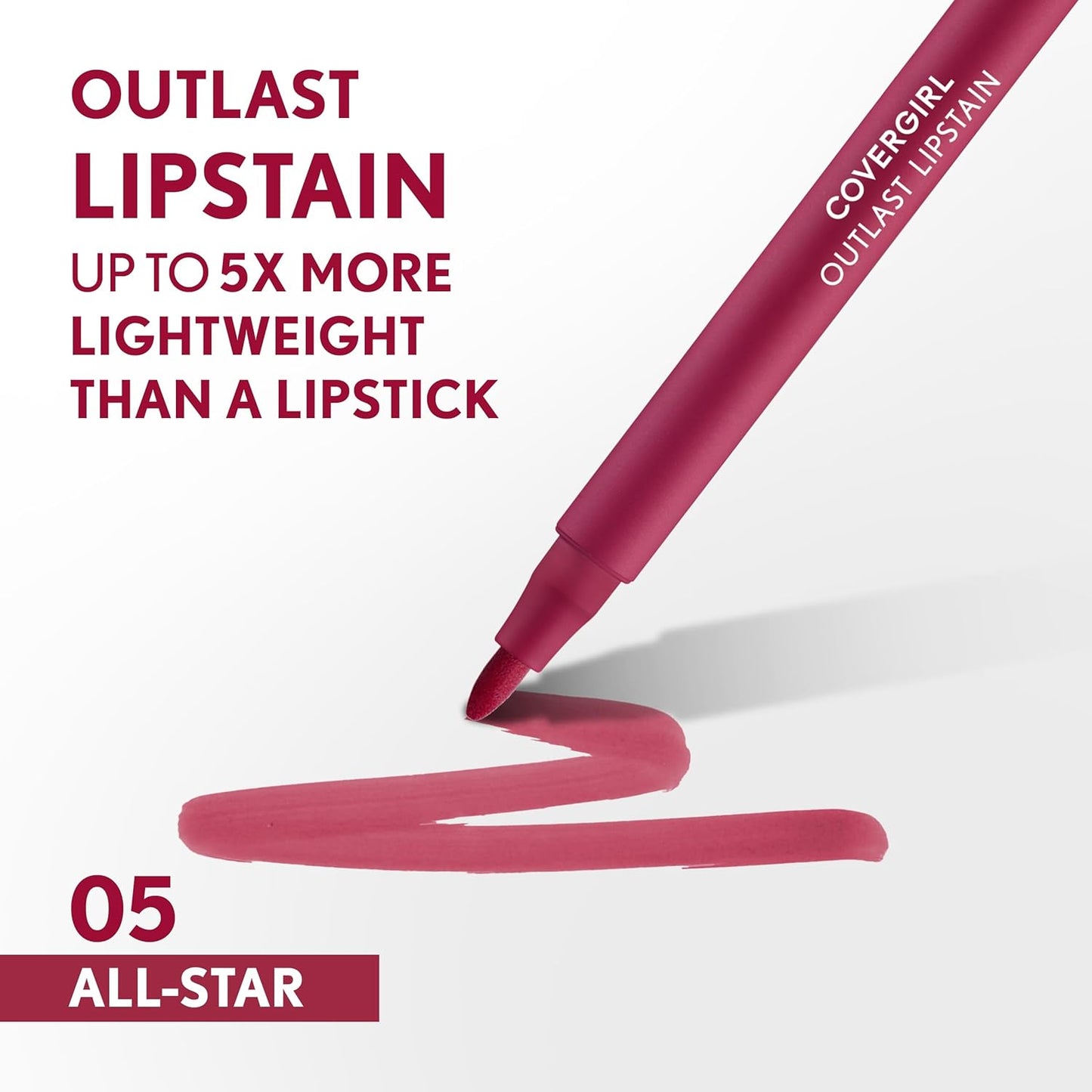 COVERGIRL Outlast, 05 All-Star, Lipstain, Smooth Application, Precise Pen-Like Tip, Transfer-Proof, Satin Stained Finish, Vegan Formula, 0.06oz