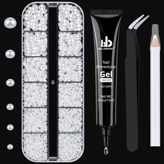 Nail Art Rhinestone Glue Gel&Flatback Gems Accessories Kit, 1 Tube of 15ml Rhinestone Gel Glue(UV/LED Needed)+1 Box of Flat-Back Half Round White Pearls with Pickup Pencil and Tweezer