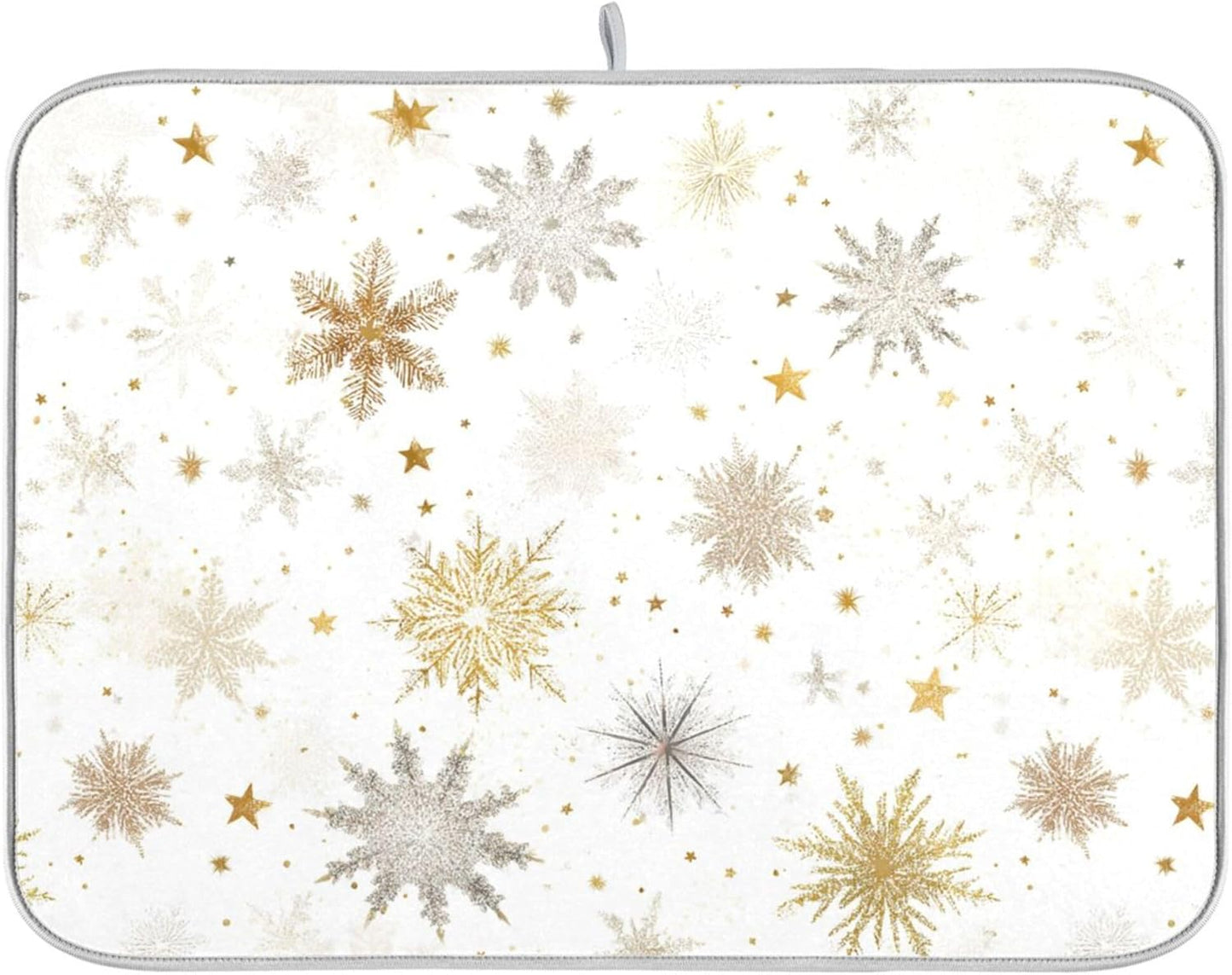 Winter Snowflake White Dish Drying Mat for Kitchen Countertop 16x18 Christmas Snow Golden Xmas Small Drying Mat Reusable Quick Dry Dish Sink Mats Easy Clean Decorative Essentials