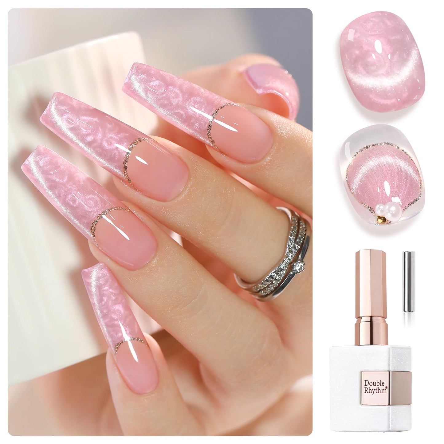 Double Rhythm 15ML Ice Glass Cat Eye Gel Polish with Magnet Holographic Glitter Shimmer Translucent Sheer Color Salon Soak Off Magnetic Nail at Home (Mermaid Pink-MC1134)