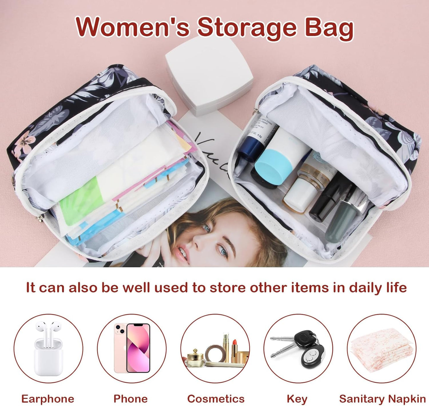 Desing Wish Sanitary Pad Storage Bag Portable Period Bag for Teen Pads/Sanitary Napkins/Small Tampons, Sanitary Napkin Storage Bag First Period Gifts for Teen Girls (Flower)