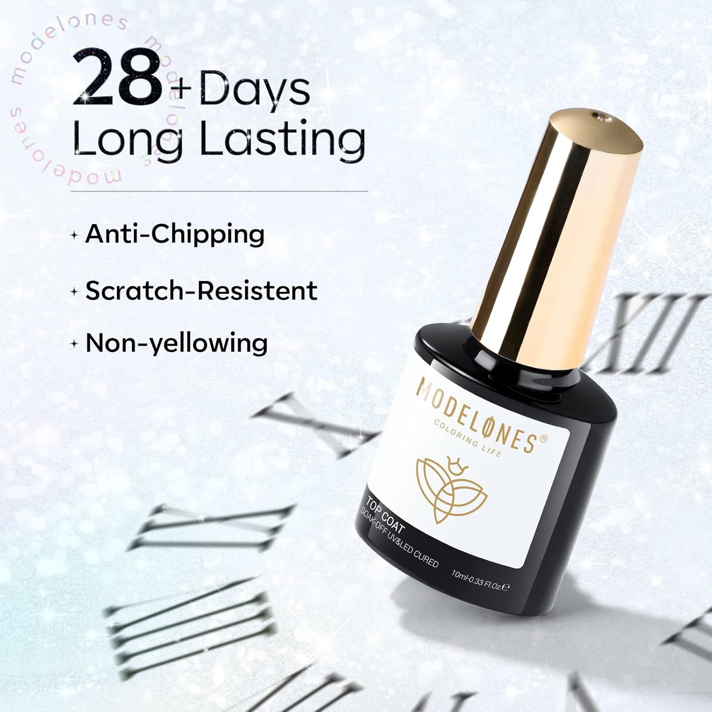 Modelones Glitter Gel Top Coat, Iridescent Silver Mix Glitter Gel Polish No Wipe Top Coat Glossy Sparkly Finish Long Lasting Soak Off Rainbow Shimmer Nail Polish Nail Art Gift, 10ml