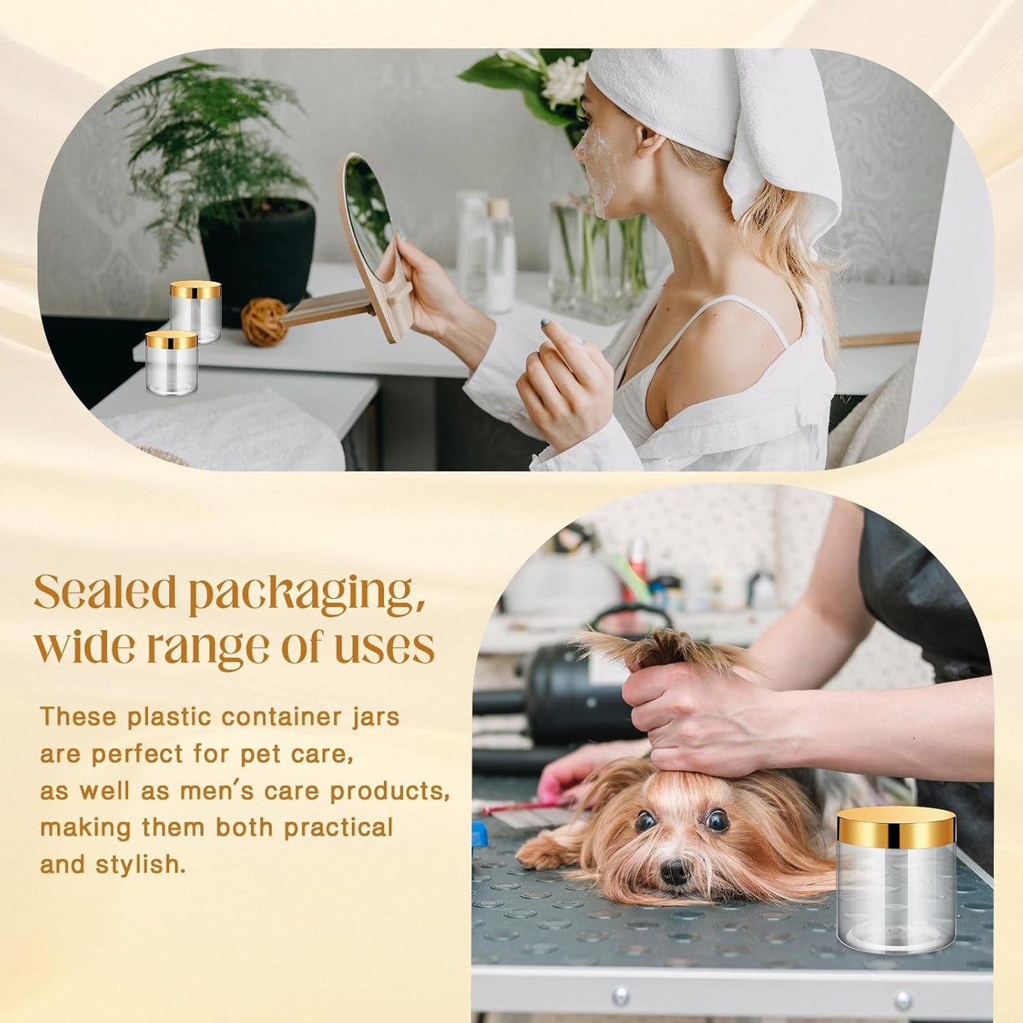 SATINIOR 24 Pieces Empty Clear Plastic Jars with Lids Round Storage Containers Wide Mouth for Beauty Product Cosmetic Cream Lotion Liquid Butter Craft and Food(Gold Lid,16 oz)