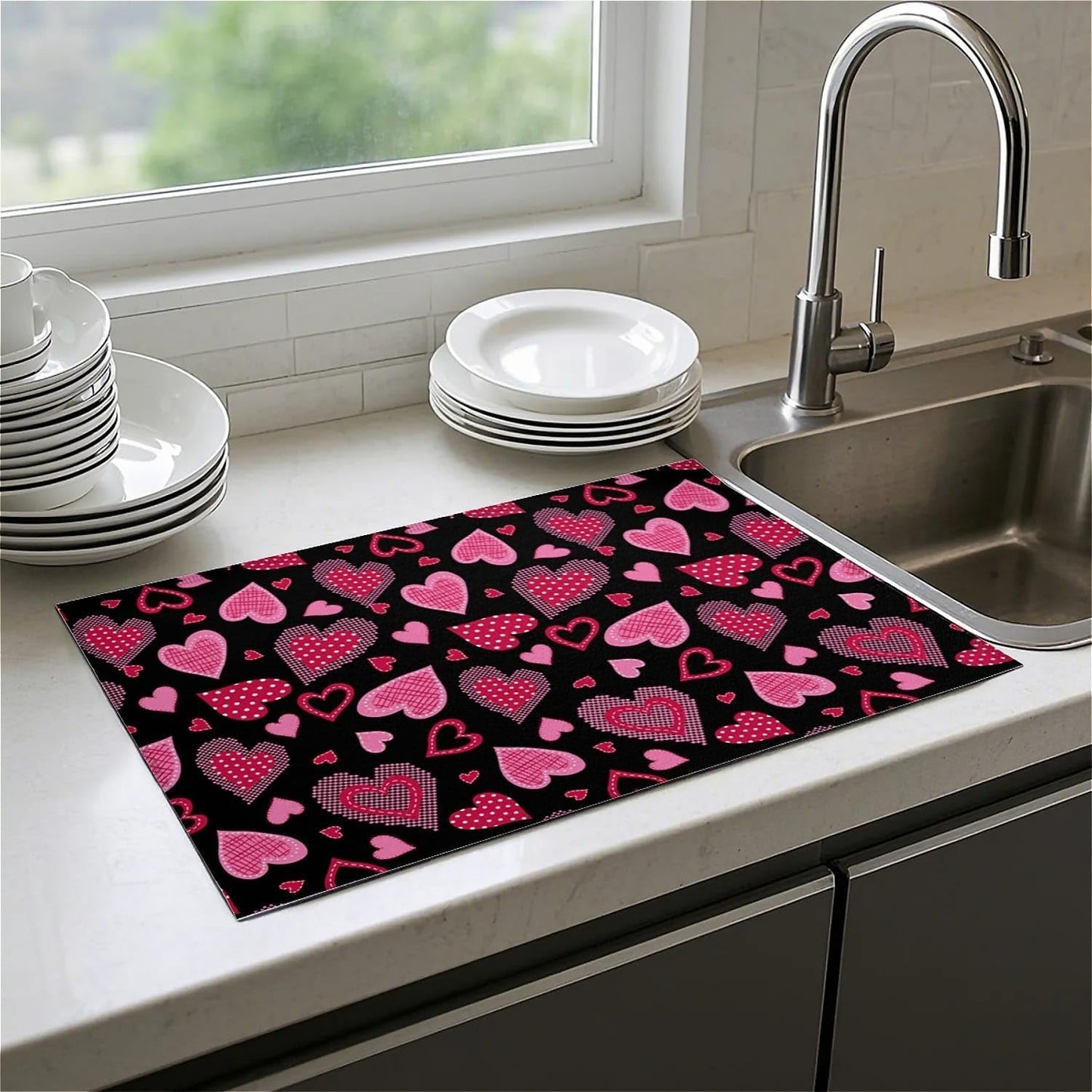 Dish Drying Mat For Kitchen Counter, Pink Love Heart Microfiber Absorbent Dish Drainer Rack Pad Reusable Large 18x24in Drying Mat