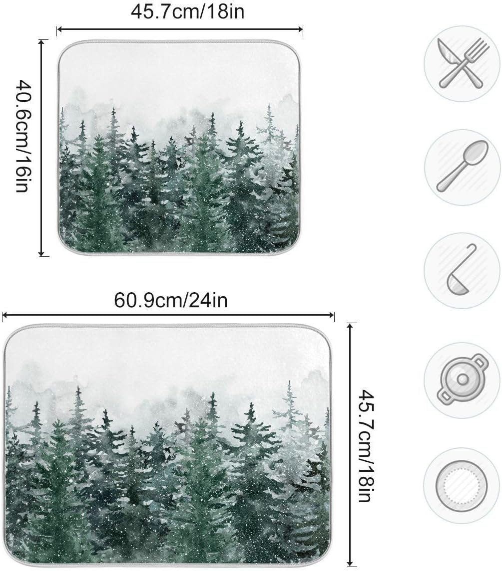Winter Forest Scenery Dish Drying Mat for Kitchen Christmas Tree Snow Xmas Microfiber Drying Mats Absorbent Reversible Dish Pad Large Dish Draining Mat 18x24 inch