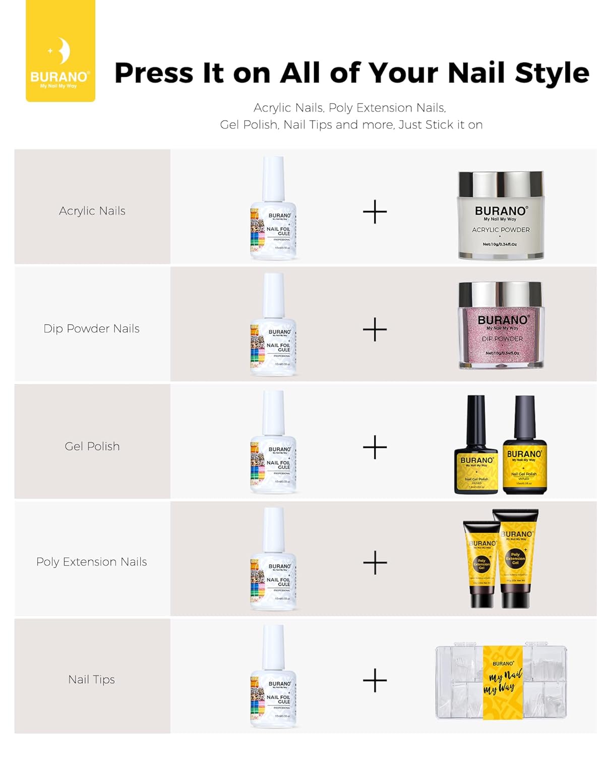 BURANO Nail Art Nail Foil Glue Gel, o.5 oz with 10PCS Foil Stickers Set Nail Foil Glue for Nails Foil Transfer Gel, Nail Design DIY UV LED Lamp Required (Popular Foil 12)