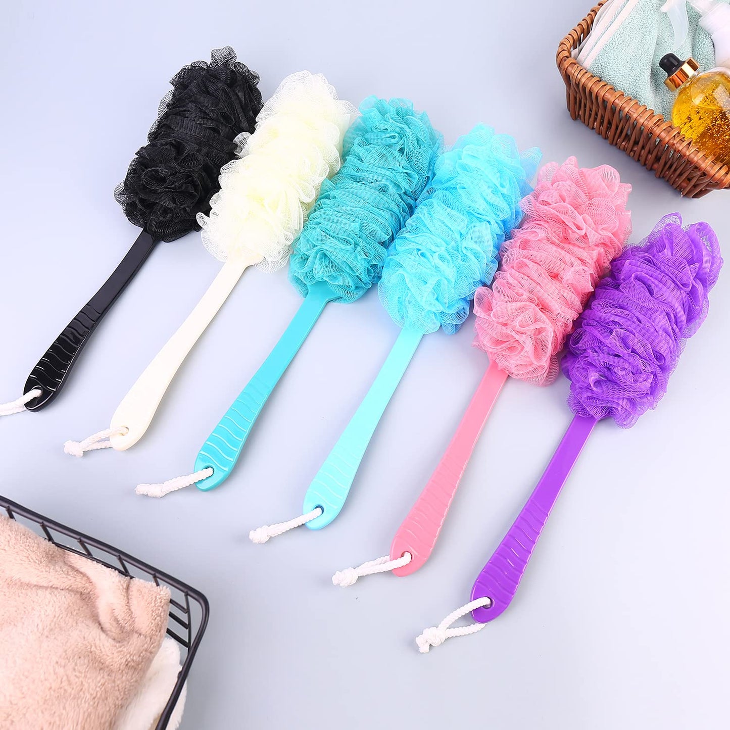 Back Scrubber Brush Long Handle for Shower, Loofah On a Stick Sponge Back Brush, Body Exfoliator Scrubber Bath Brush for Men Women, Exfoliating Cleaning Back Scrubber for Elderly (2 Pack-Black+Purple)