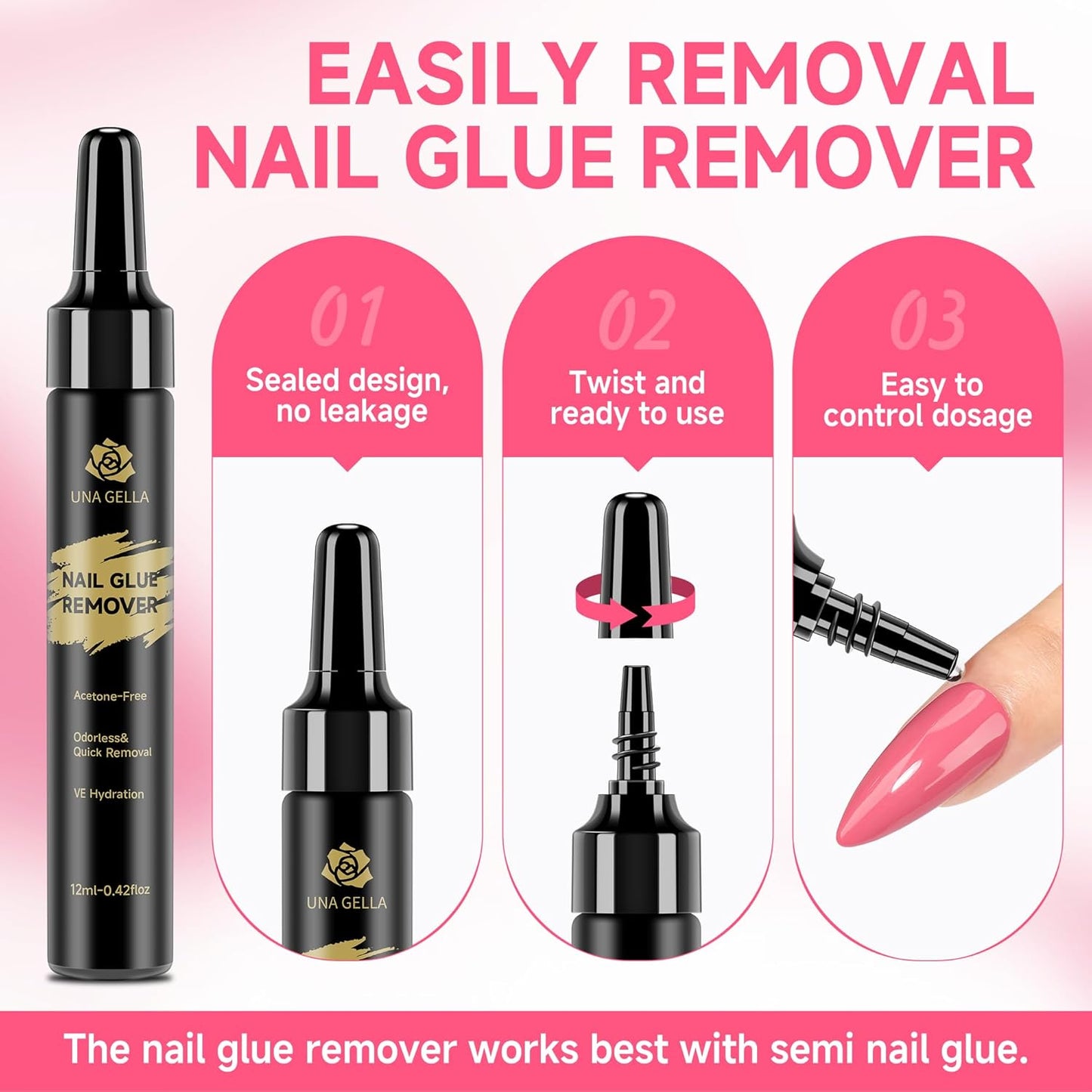 UNA GELLA Quick Removal Gel Nail Glue Remover for Press On Nails: Acrylic Nails Semi Solid Nail Glue Acetone-Free, Not for Gel Polish Base Coat Soak Off Remover Kit Drip Use, 12ml*2pcs