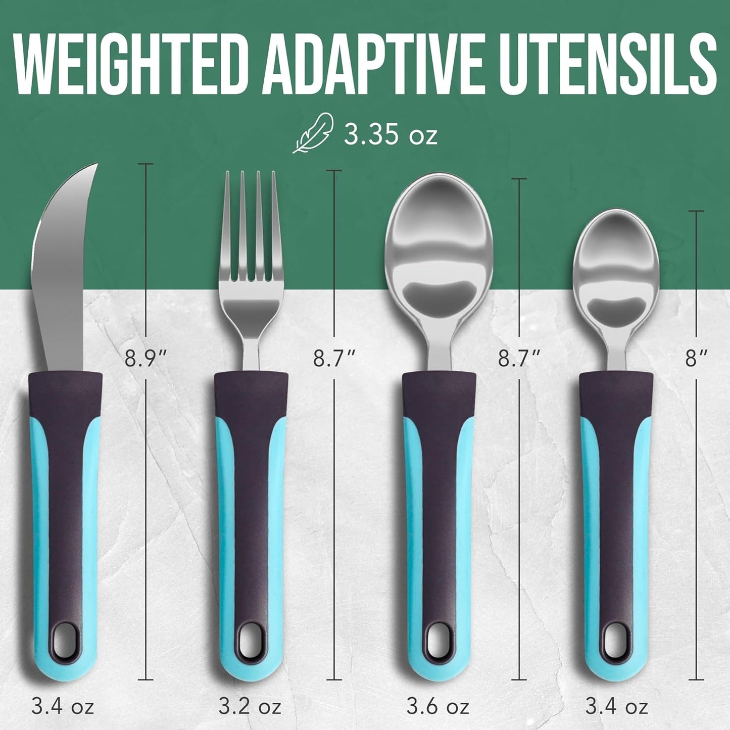 BUNMO Adaptive Utensils for Elderly, Arthritis, Weak Hand Grip, Tremors & Handicapped - Convenient Travel Pouch - 3.35oz Lightweight - Stainless Steel - Eat Independently - Adaptive Blue 4 Piece Set