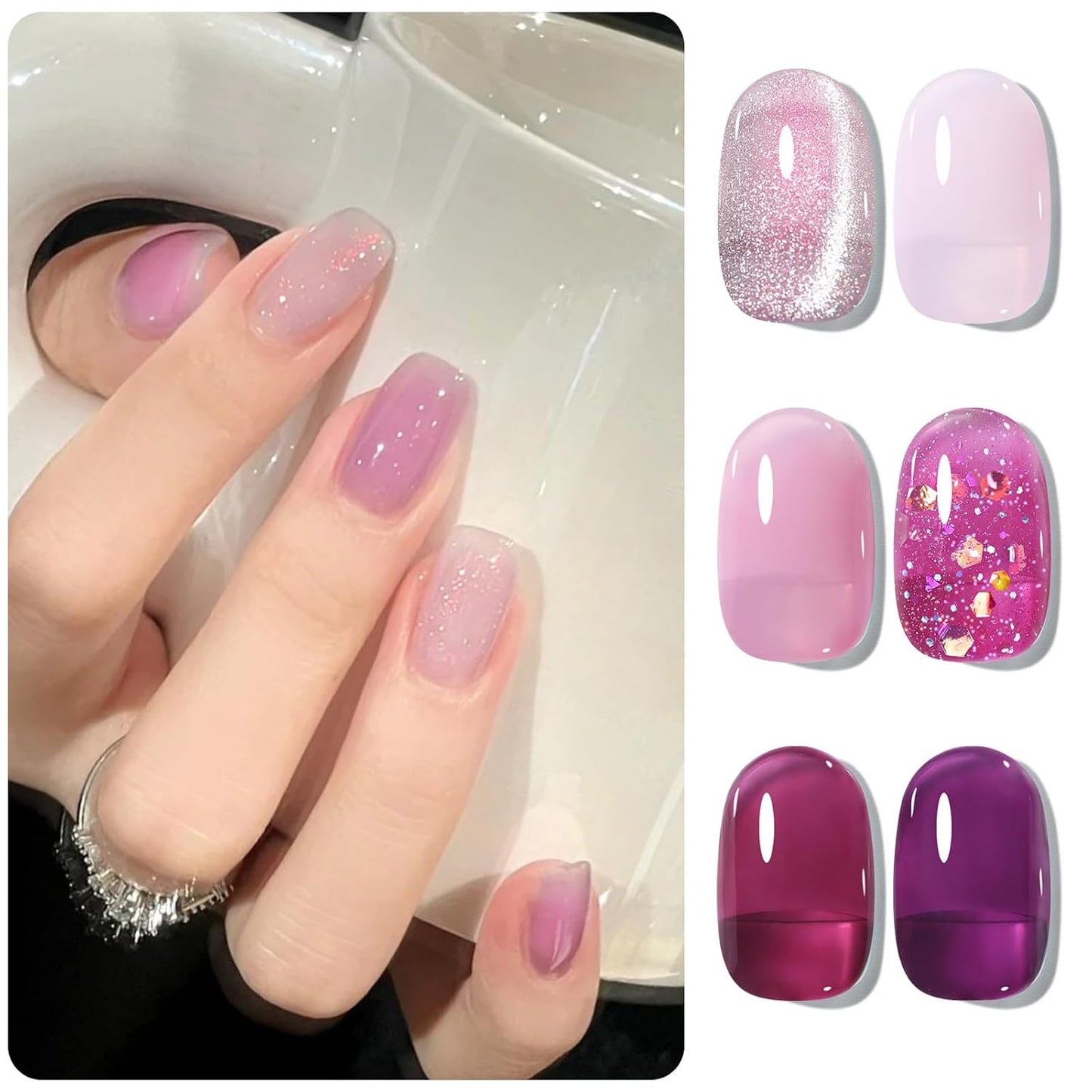 BORN PRETTY Jelly Purple Gel Nail Polish Transparent Sheer Pink Grape Purple Shimmer Glitter Jelly Gel Polsih Nail Art Manicure DIY at Home 6PCS