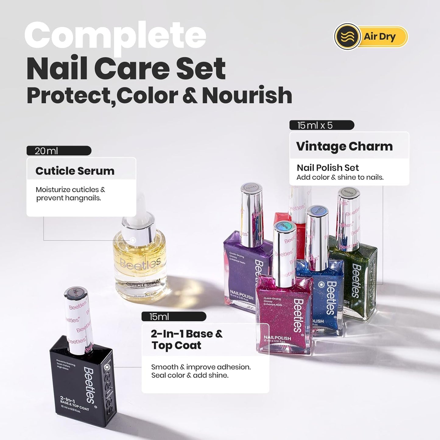 Beetles Glitter Nail Polish Set 7Pcs, Fast Drying & Long Lasting Red Blue Green Nail Polish with 2 IN 1 Base & Top Coat and Cuticle Serum 20ml, All-in-One Care 4th of July Nails Kit Gift Sets