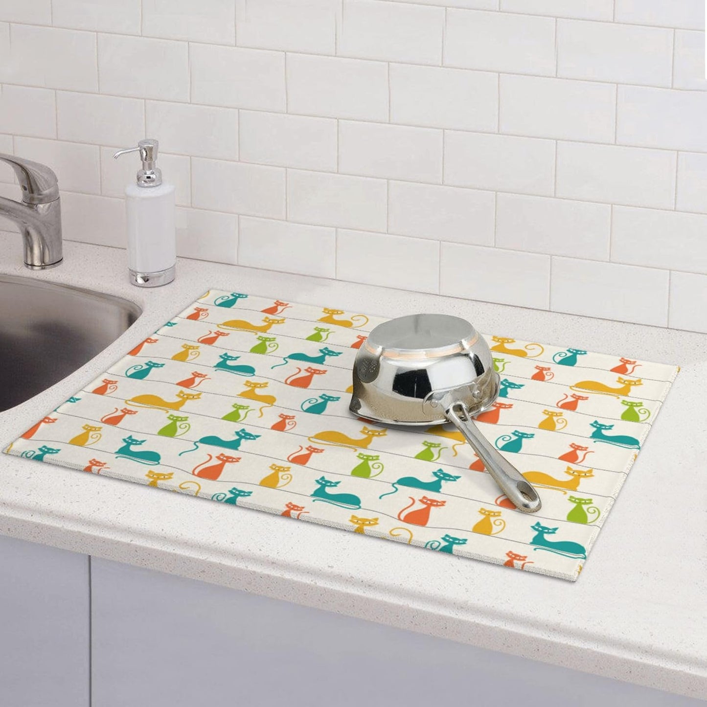 Mid Century Modern Cats Dish Drying Mat for Kitchen Counter Absorbent Reversible Cute Drying Pad Dark Kitchen Decor Dish Drainer Rack Mats 18"x24"