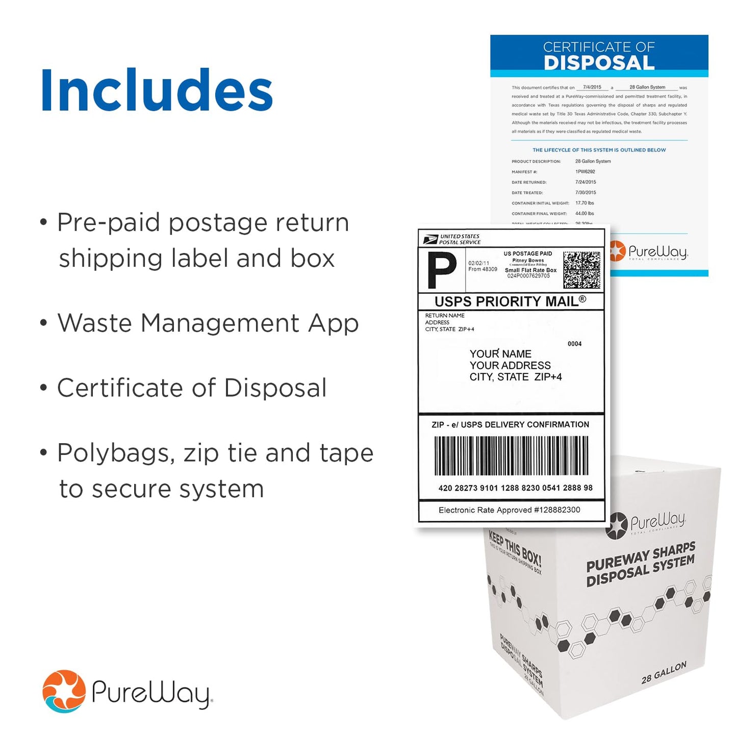 MailBack 5 Gallon Gallon PureWay Sharps Container Disposal System - [PrePaid Return Label Included] for Home, Travel, Professional, and Personal Use