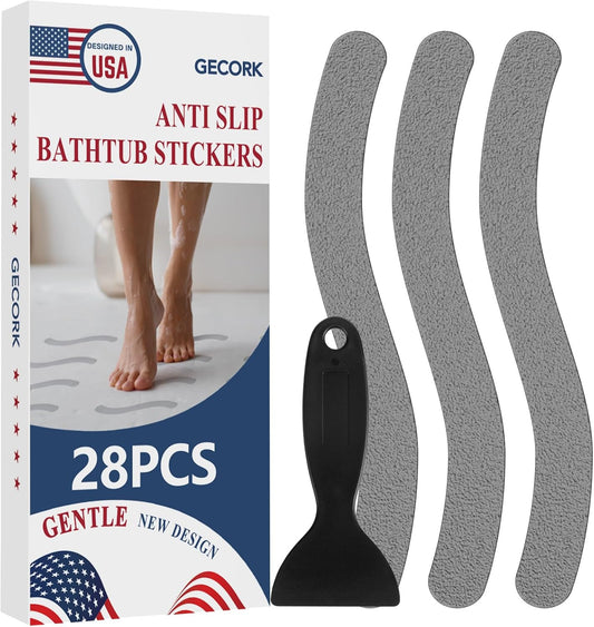 28 PCS Shower Floor Non Slip Stickers with Strong Adhesive, Invisible & Durable Anti Slip Shower Stickers with Scraper for Bath Tub, Pools and Stairs(Grey,Wavy)