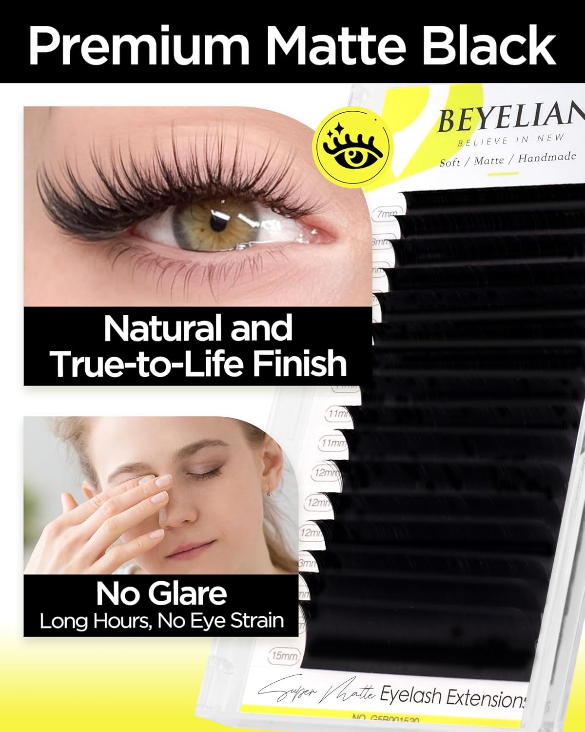 BEYELIAN Eyelash Extension 0.07 D Curl 7-15mm Mixed Tray Easy Fan Lash Extensions Volume Lashes 100°/212°F High Temperature Resistant Classic Professional Use Natural Matte Black (0.07 D 7-15mm Mix)